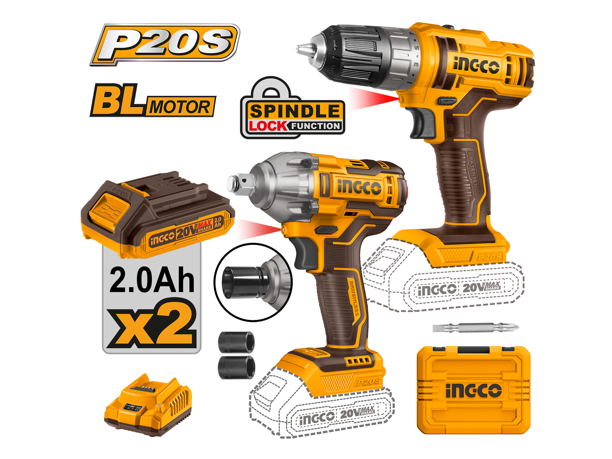 KIT INALAMBRICO DE BARRENO Y PISTOLA DE IMPACTO 20V