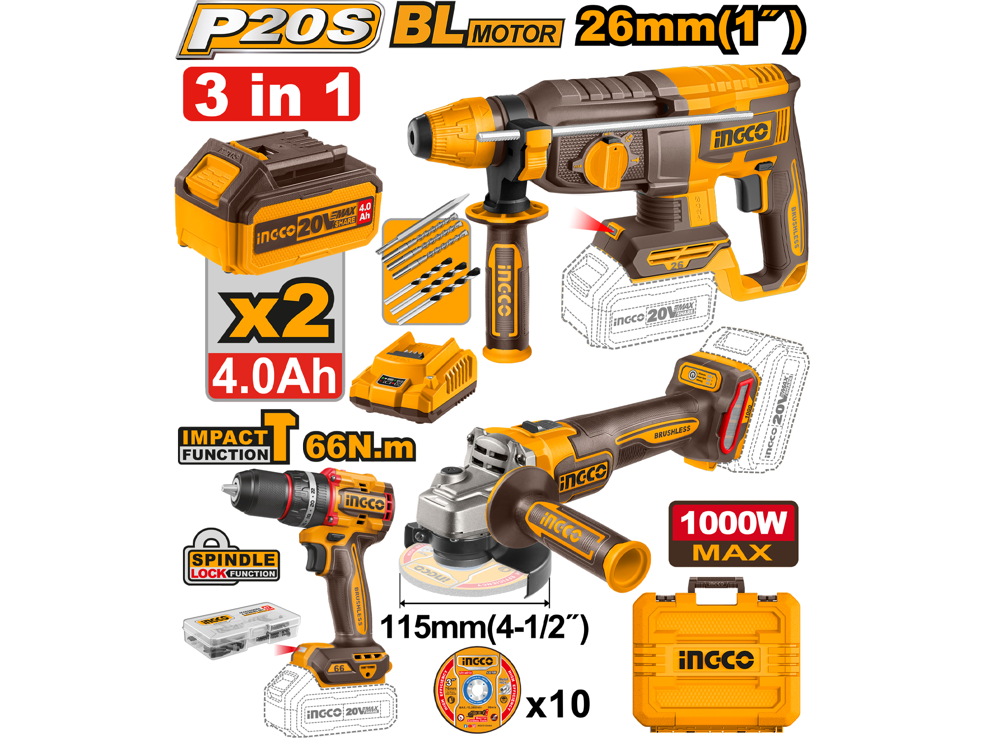 Combo Limitado 20V 3 Pzs De Barreno De Impacto 1/2", Esmeril, Rotomartillo 1", Dos Baterias 4Ah Y Cargador