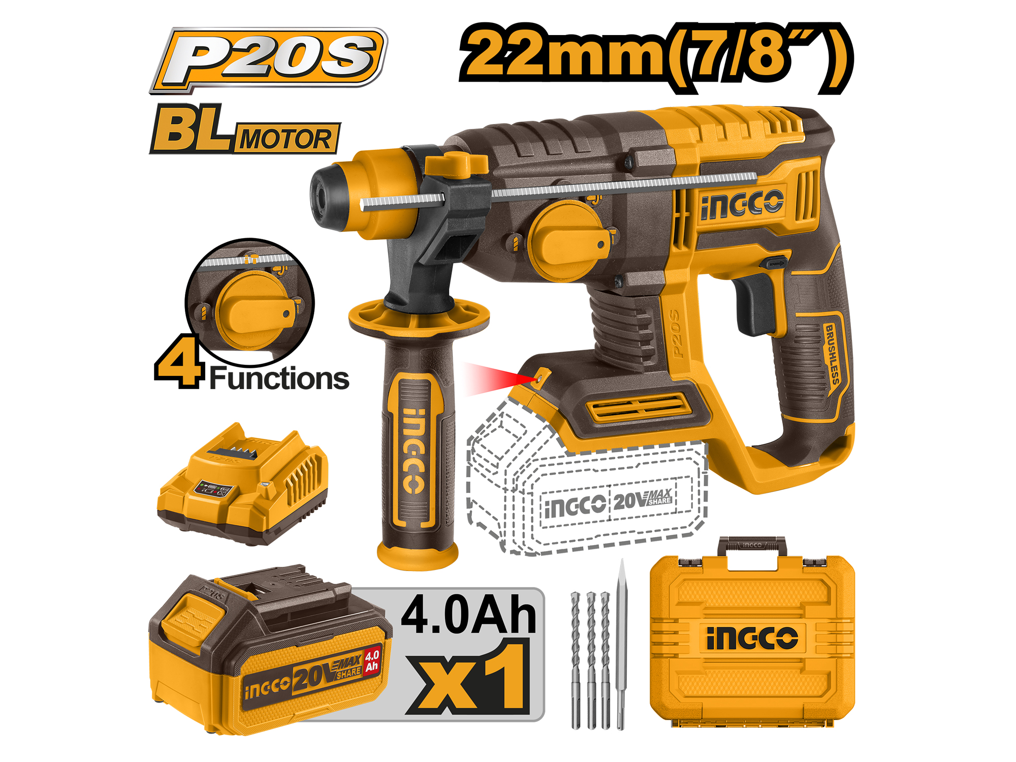 ROTOMARTILLO INALÁMBRICO SDS PLUS 2.0J, 20V, UNA BATERÍA Y UN CARGADOR