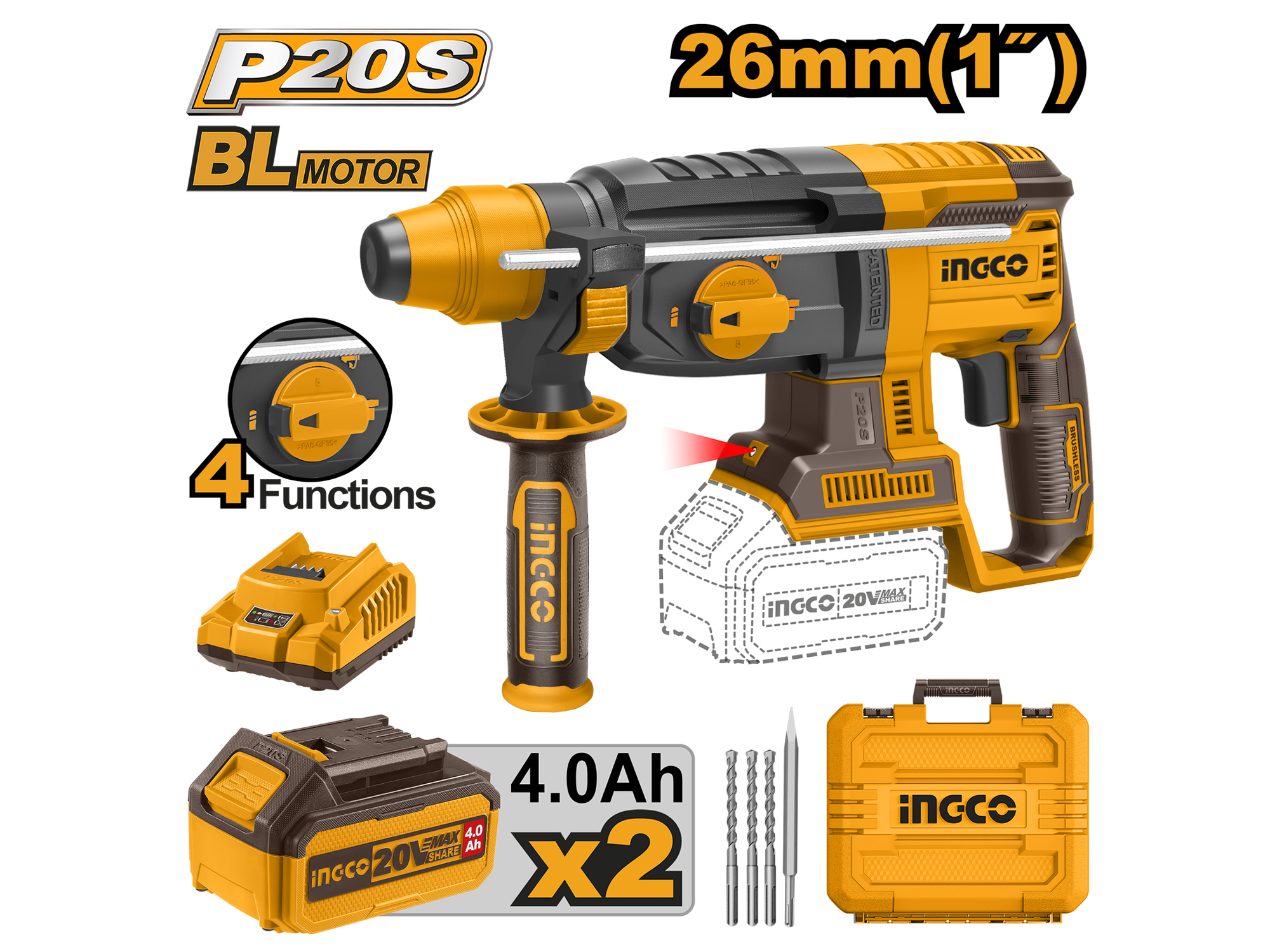ROTOMARTILLO INALÁMBRICO SDS PLUS 2.0J, 20V, DOS BATERÍAS Y UN CARGADOR