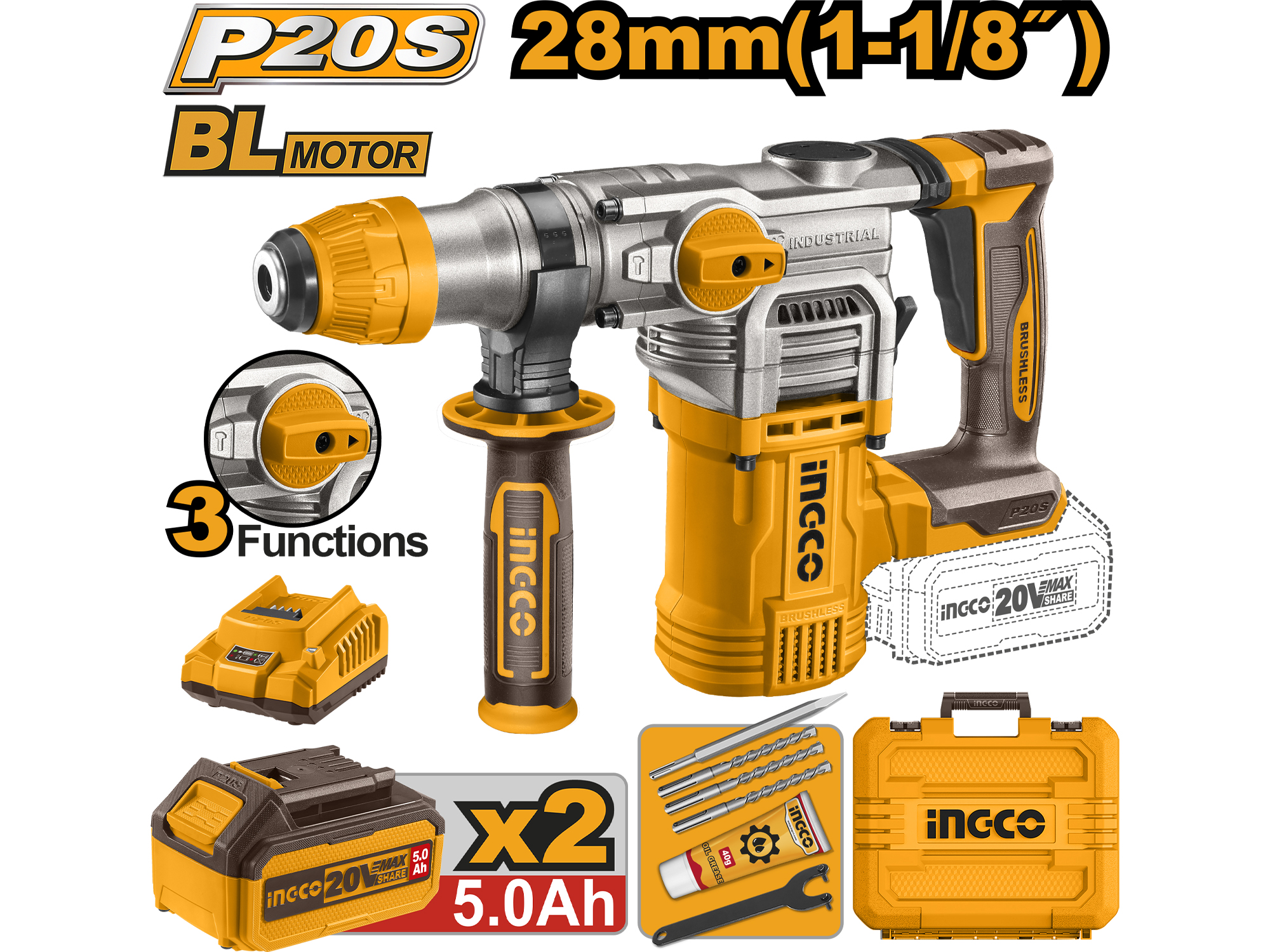 Rotomartillo Inalambrico Sds Plus 20V 4.5J/4400Bpm Con Dos Baterias 5.0Ah Y Cargador