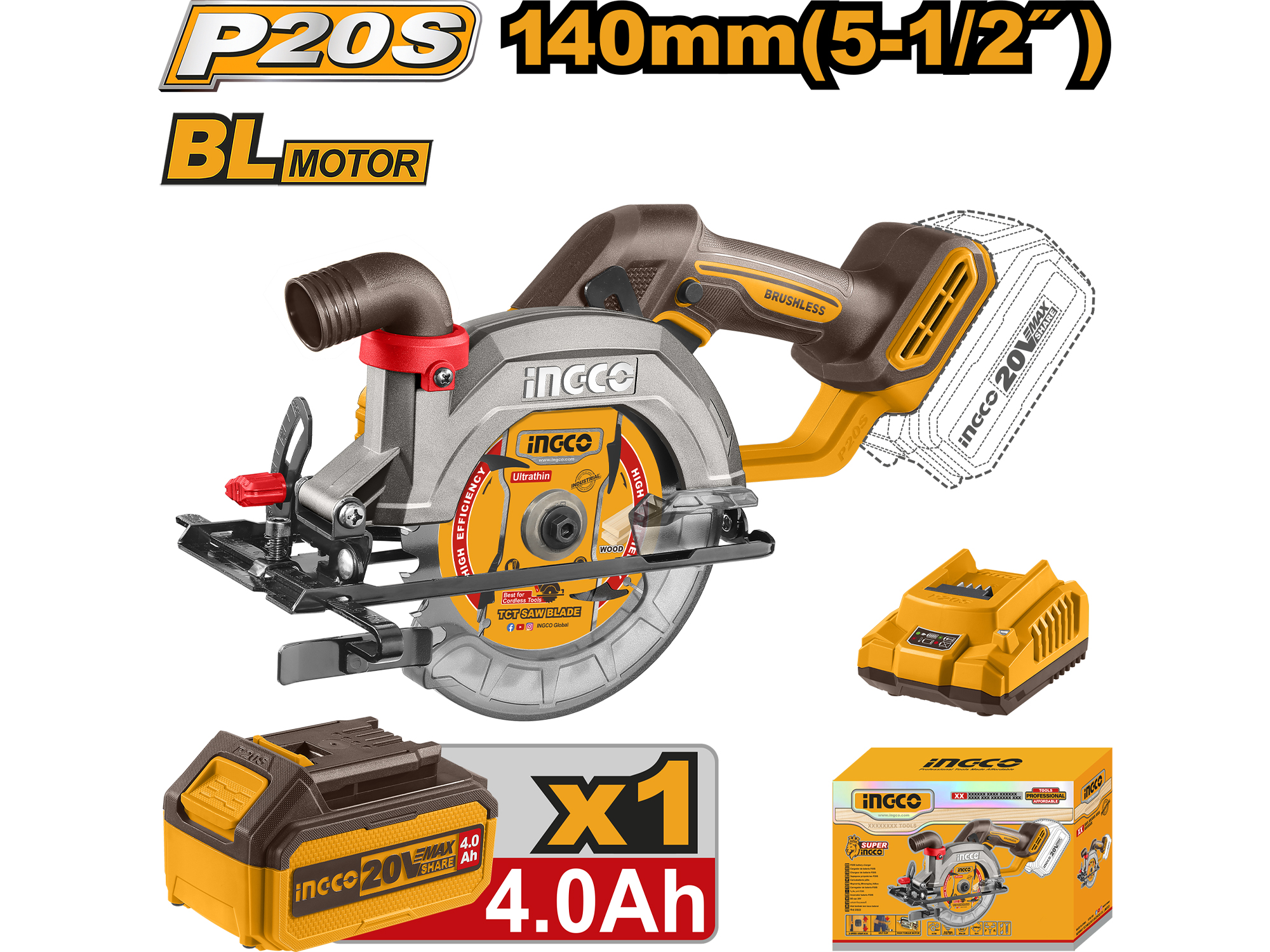 Sierra Circular 20V 5-1/2" (140Mm) Inalambrica Bateria Y Cargador Incluidos Ingco
