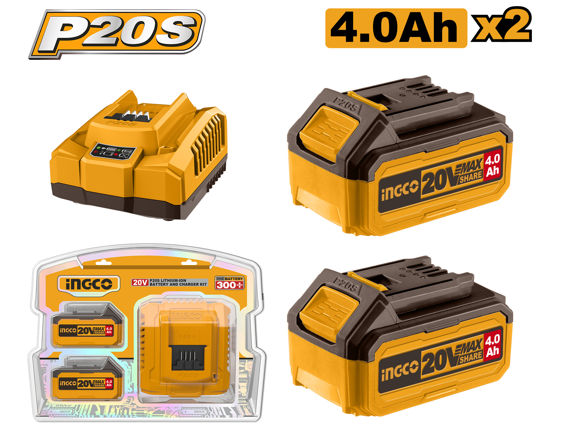 SET DE DOS BATERIAS Y UN CARGADOR DE LITIO 20V, 4.0Ah.