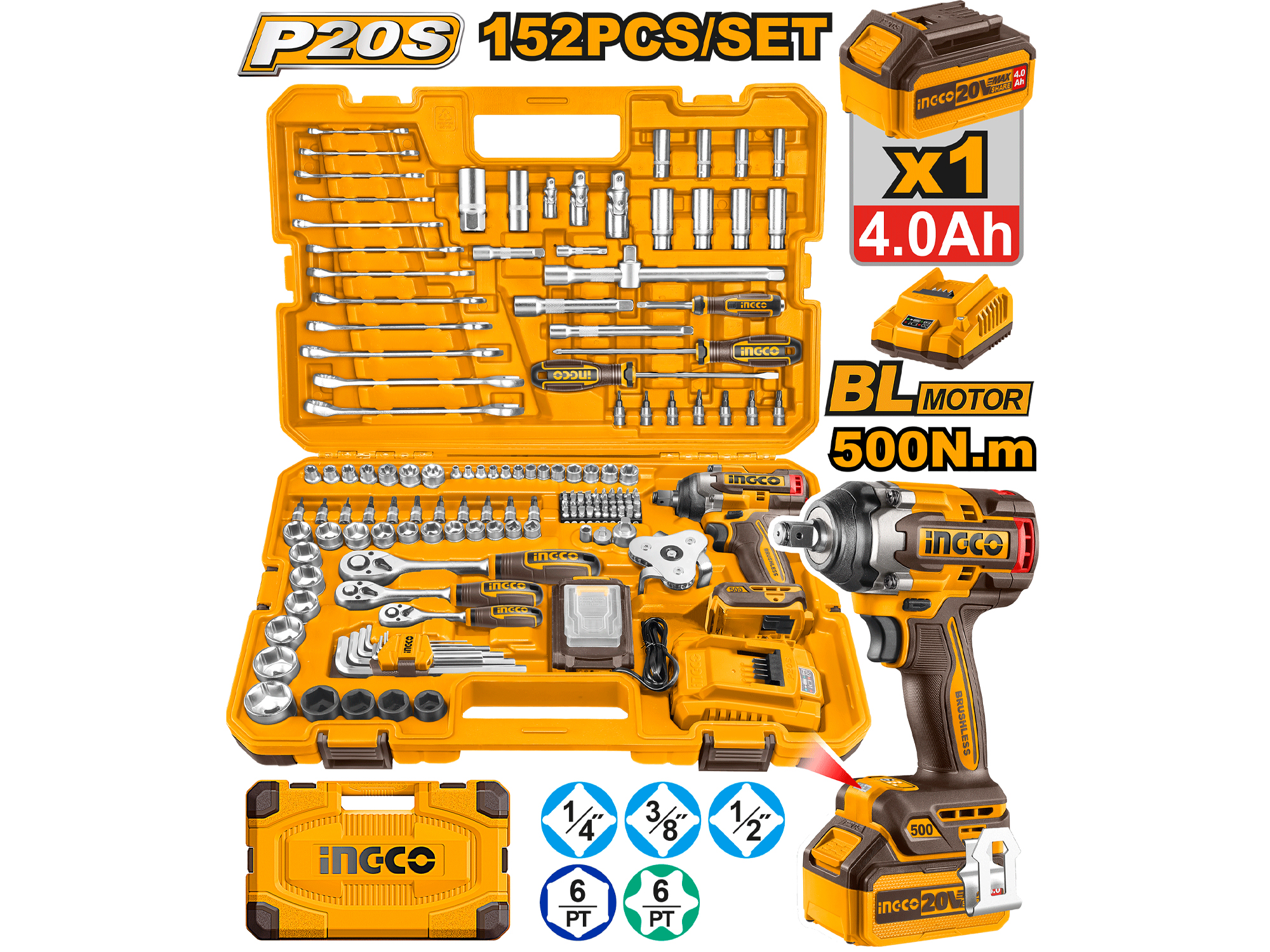 Caja De Herramientas 152 Pzs Con Pistola 500Nm De Impacto Inalambrica 1/2" 20V